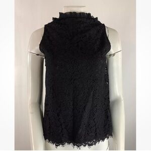 J Crew Sz XS Lace Ruffle Neck Top Black Viscose  Nylon Sleeveless Blouse